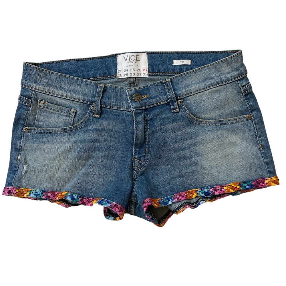 Vice Stretch Low Rise Lace Trim Distressed Denim Shorts